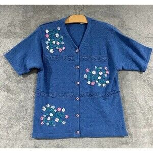 Vintage 90s Grandma Sweater Cardigan Embroidered Small Knit Retro Cottagecore